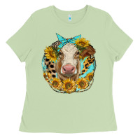 Matcha simmental heifer with sunflowers and leopard Ladies Tee - LillyAllenDesigns
