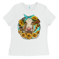 White simmental heifer with sunflowers and leopard Ladies Tee - LillyAllenDesigns
