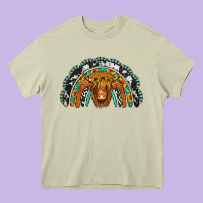 Turquoise Cowhide Sunflower Headband Highland Cow Heavy Core Tee Designed By Jasminsmagicworld