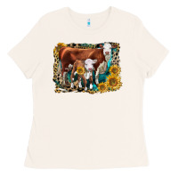 Bone Hereford Cow and Hereford Calf With Leopard Ladies Tee - LillyAllenDesigns