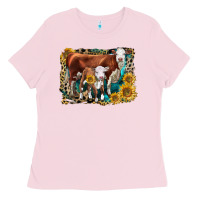 Bubblegum Pink Hereford Cow and Hereford Calf With Leopard Ladies Tee - LillyAllenDesigns