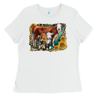 White Hereford Cow and Hereford Calf With Leopard Ladies Tee - LillyAllenDesigns