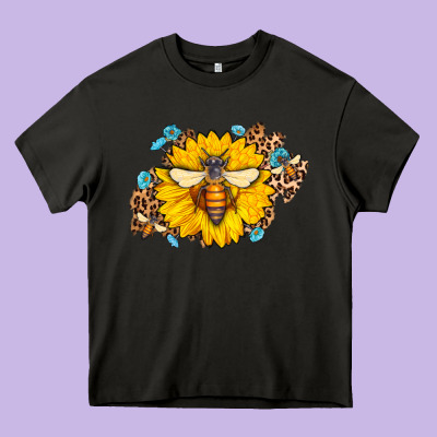 Bee Sunflower Leopard Heavy Core Tee Designed By Jasminsmagicworld