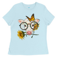 Baby Blue charolais calf with sunflowers and butterfly Ladies Tee - LillyAllenDesigns