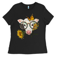 Black charolais calf with sunflowers and butterfly Ladies Tee - LillyAllenDesigns