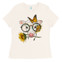 Bone charolais calf with sunflowers and butterfly Ladies Tee - LillyAllenDesigns