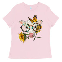 Bubblegum Pink charolais calf with sunflowers and butterfly Ladies Tee - LillyAllenDesigns