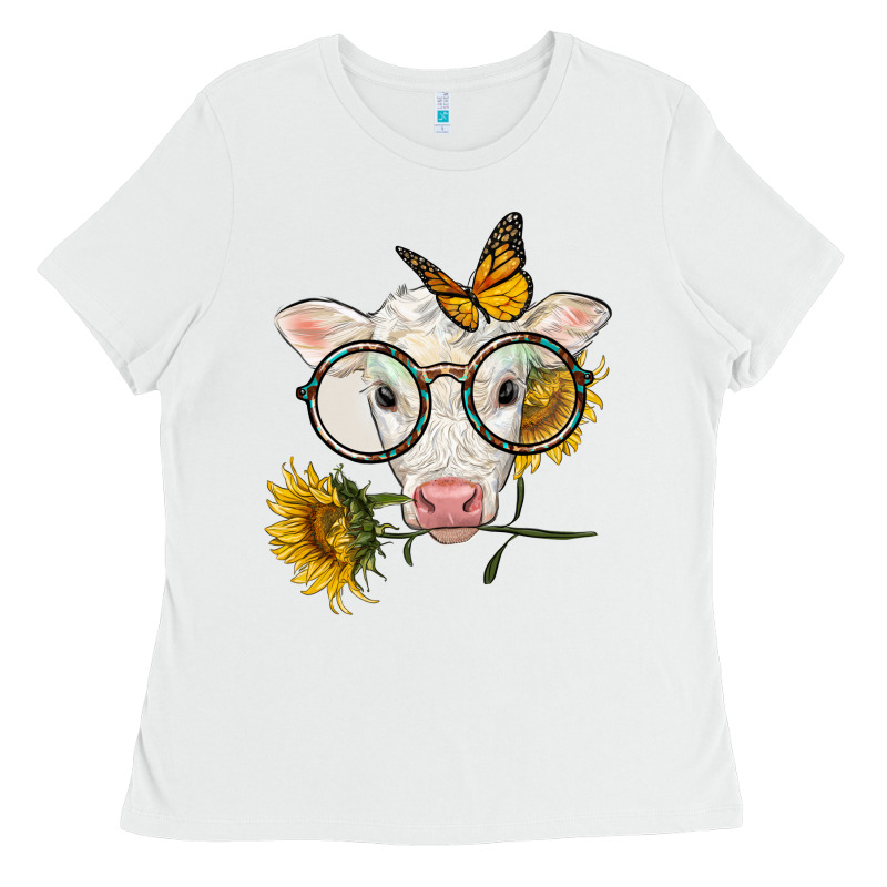 Charolais Calf With Sunflowers And Butterfly Ladies Tee by LillyAllenDesigns | Teevron