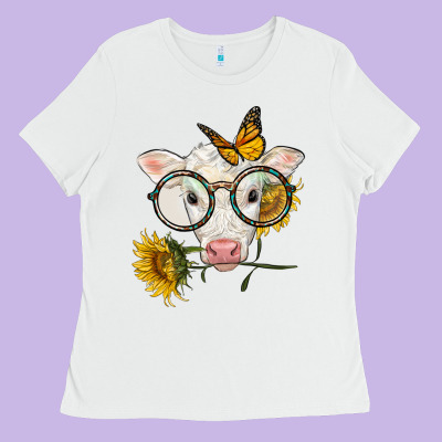 Charolais Calf With Sunflowers And Butterfly Ladies Tee Designed By Lillyallendesigns