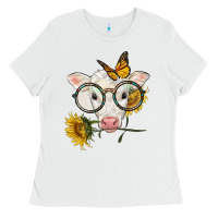 White charolais calf with sunflowers and butterfly Ladies Tee - LillyAllenDesigns