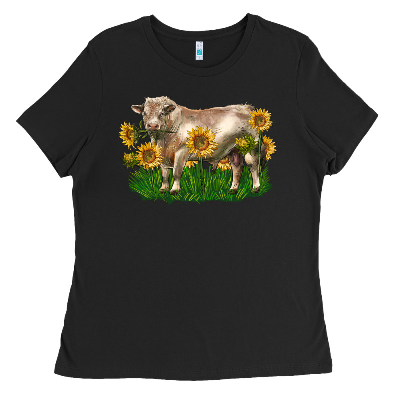 Charolais Bull With Sunflowers Ladies Tee by LillyAllenDesigns | Teevron