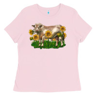 Bubblegum Pink charolais bull with sunflowers Ladies Tee - LillyAllenDesigns