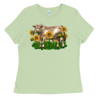 Matcha charolais bull with sunflowers Ladies Tee - LillyAllenDesigns