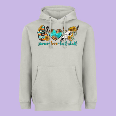 Peace Love Bull Skull Bbs Heavyweight Hoodie Designed By Bundleandbundleshop