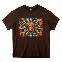 Chocolate Brown american flag sunflowers highland cow turquoise background Heavy Core Tee - Jasminsmagicworld