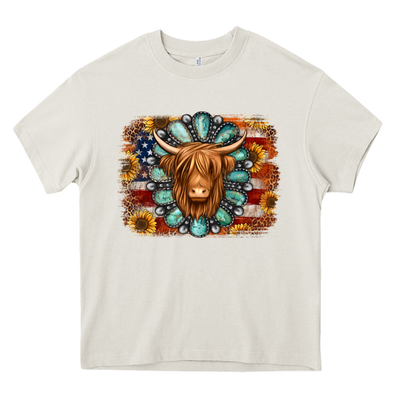 American Flag Sunflowers Highland Cow Turquoise Background Heavy Core Tee by Jasminsmagicworld | Teevron