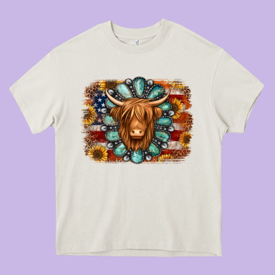 American Flag Sunflowers Highland Cow Turquoise Background Heavy Core Tee Designed By Jasminsmagicworld