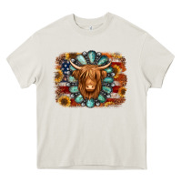 Cream american flag sunflowers highland cow turquoise background Heavy Core Tee - Jasminsmagicworld