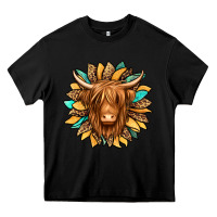 Black highland cow turquoise sunflower Heavy Core Tee - Jasminsmagicworld