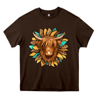 Chocolate Brown highland cow turquoise sunflower Heavy Core Tee - Jasminsmagicworld