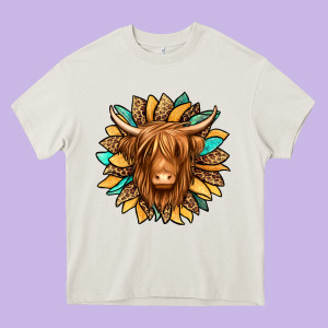 Highland Cow Turquoise Sunflower Heavy Core Tee Designed By Jasminsmagicworld
