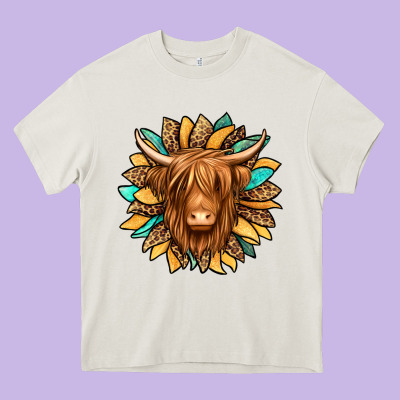 Highland Cow Turquoise Sunflower Heavy Core Tee Designed By Jasminsmagicworld