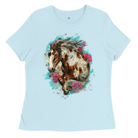 Baby Blue mustang horse with floral background Ladies Tee - LillyAllenDesigns