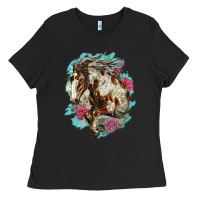 Black mustang horse with floral background Ladies Tee - LillyAllenDesigns