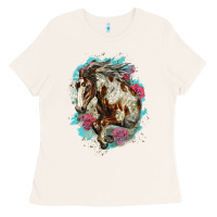 Bone mustang horse with floral background Ladies Tee - LillyAllenDesigns