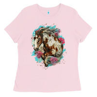 Bubblegum Pink mustang horse with floral background Ladies Tee - LillyAllenDesigns
