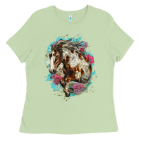 Matcha mustang horse with floral background Ladies Tee - LillyAllenDesigns