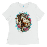 White mustang horse with floral background Ladies Tee - LillyAllenDesigns