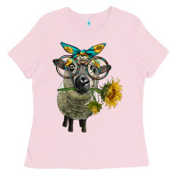 Bubblegum Pink cute hempshire sheep with eyeglasses Ladies Tee - LillyAllenDesigns