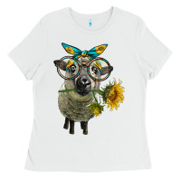 White cute hempshire sheep with eyeglasses Ladies Tee - LillyAllenDesigns