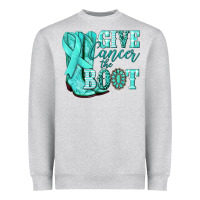 Heather Grey Give Cancer the boot Ovarian Cancer teal ribbon Heavyweight Sweatshirt - NancyCooperArtShop