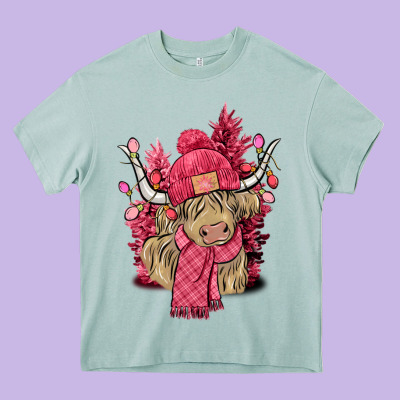 Pink Winter Long Haired Cow Heavy Core Tee Designed By Nancycooperartshop