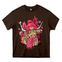Chocolate Brown Pink winter long haired Cow Heavy Core Tee - NancyCooperArtShop