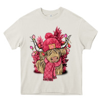 Cream Pink winter long haired Cow Heavy Core Tee - NancyCooperArtShop