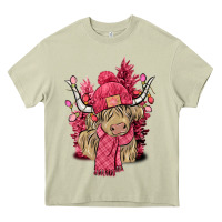 Mossy Pink winter long haired Cow Heavy Core Tee - NancyCooperArtShop