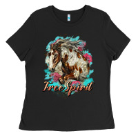 Black free spirit mustang horse Ladies Tee - LillyAllenDesigns