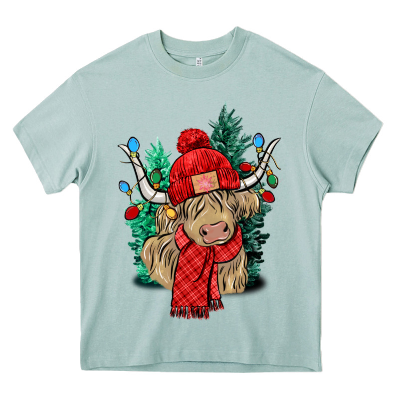 Red Christmas Long Haired Cow Heavy Core Tee by NancyCooperArtShop | Teevron
