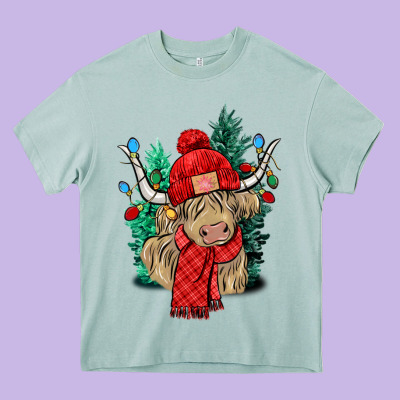 Red Christmas Long Haired Cow Heavy Core Tee Designed By Nancycooperartshop