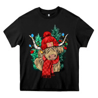 Black Red Christmas long haired Cow Heavy Core Tee - NancyCooperArtShop