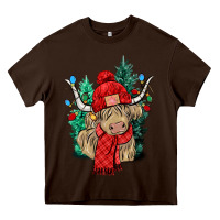 Chocolate Brown Red Christmas long haired Cow Heavy Core Tee - NancyCooperArtShop