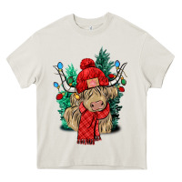 Cream Red Christmas long haired Cow Heavy Core Tee - NancyCooperArtShop