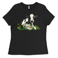 Black holstein cow sitting Ladies Tee - LillyAllenDesigns