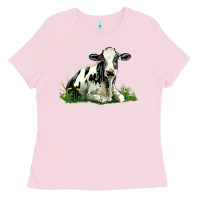 Bubblegum Pink holstein cow sitting Ladies Tee - LillyAllenDesigns