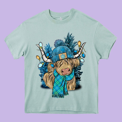 Winter Long Haired Cow Heavy Core Tee Designed By Nancycooperartshop
