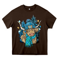 Chocolate Brown Winter long haired Cow Heavy Core Tee - NancyCooperArtShop