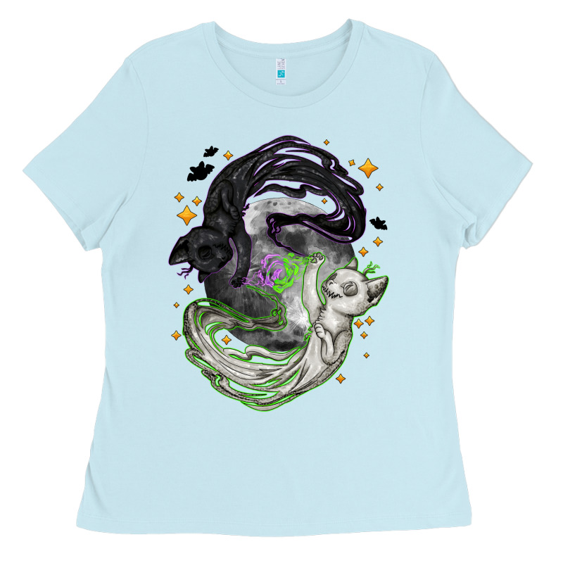 Magical Cats Ghost With Moon Halloween Ladies Tee by NancyCooperArtShop | Teevron